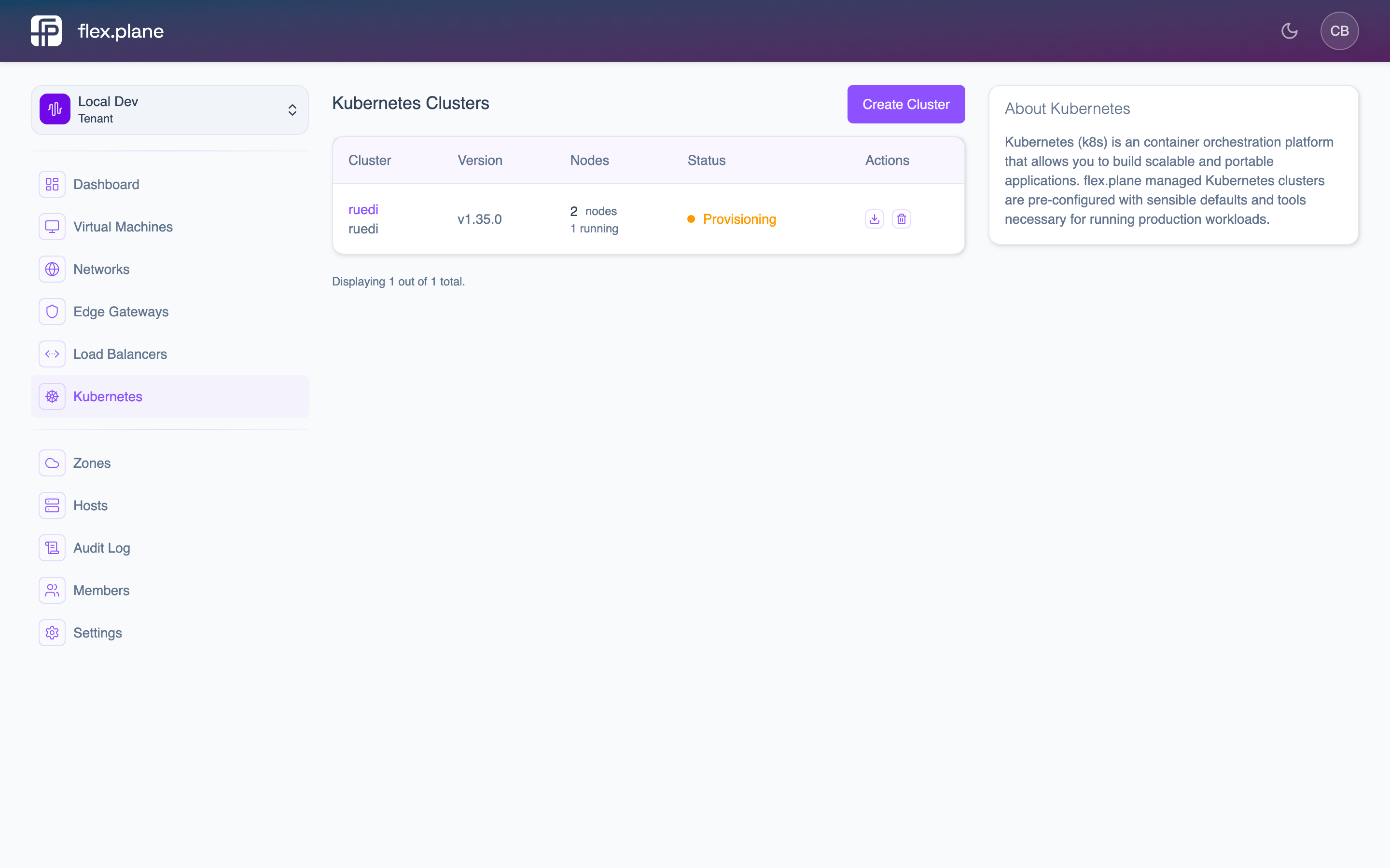 The Kubernetes cluster detail page showing node pools