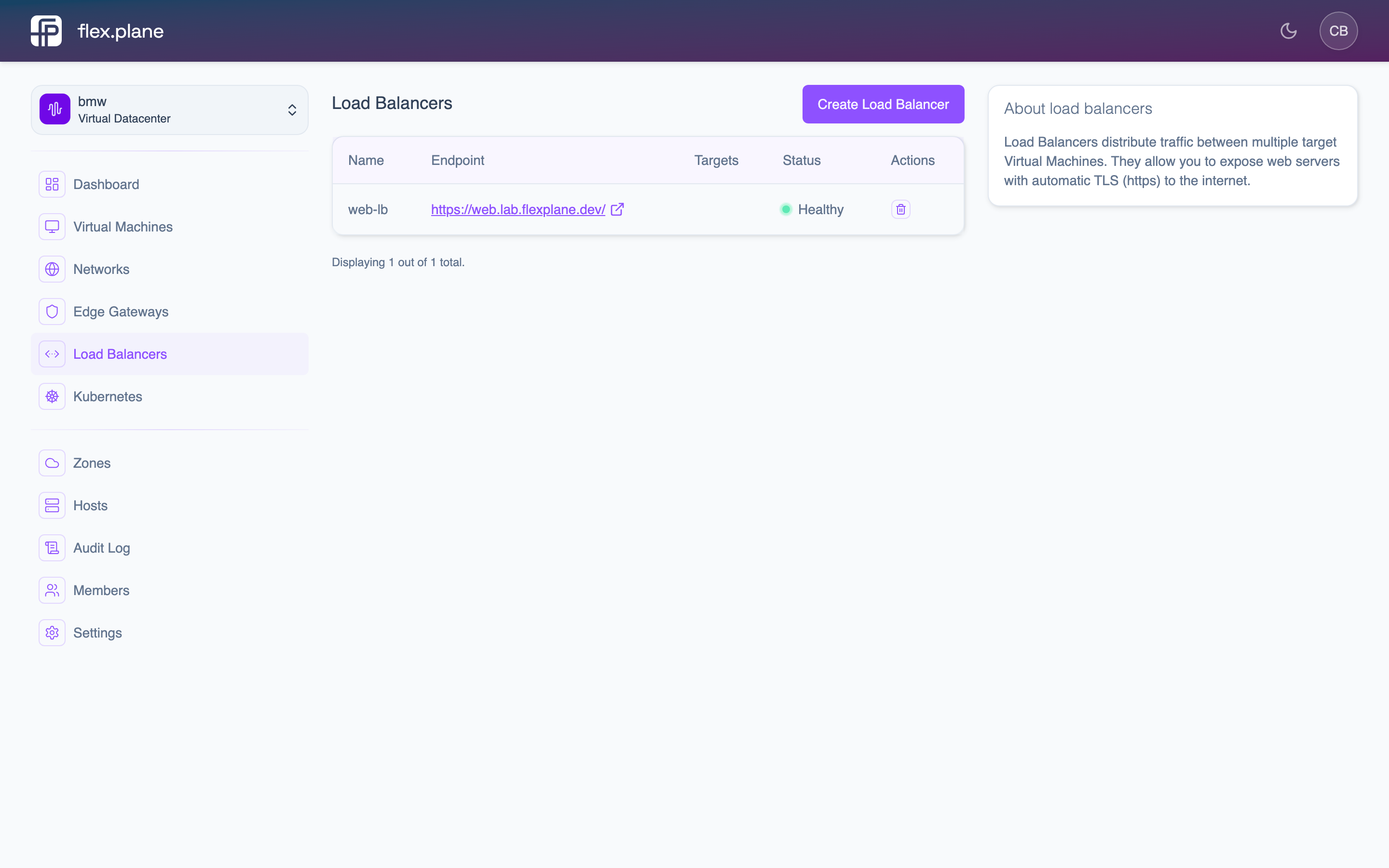 Load Balancers list in the portal