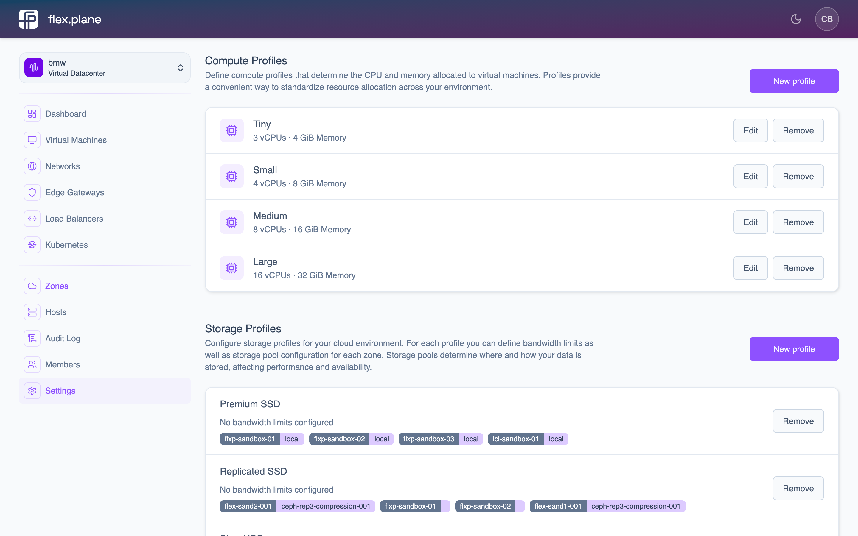 Compute profiles section on the Settings page