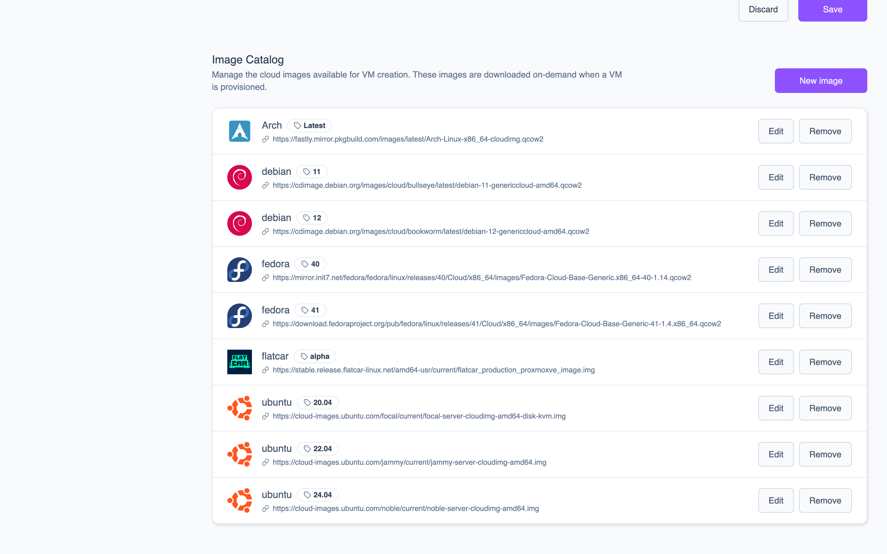 Image catalog section on the Settings page