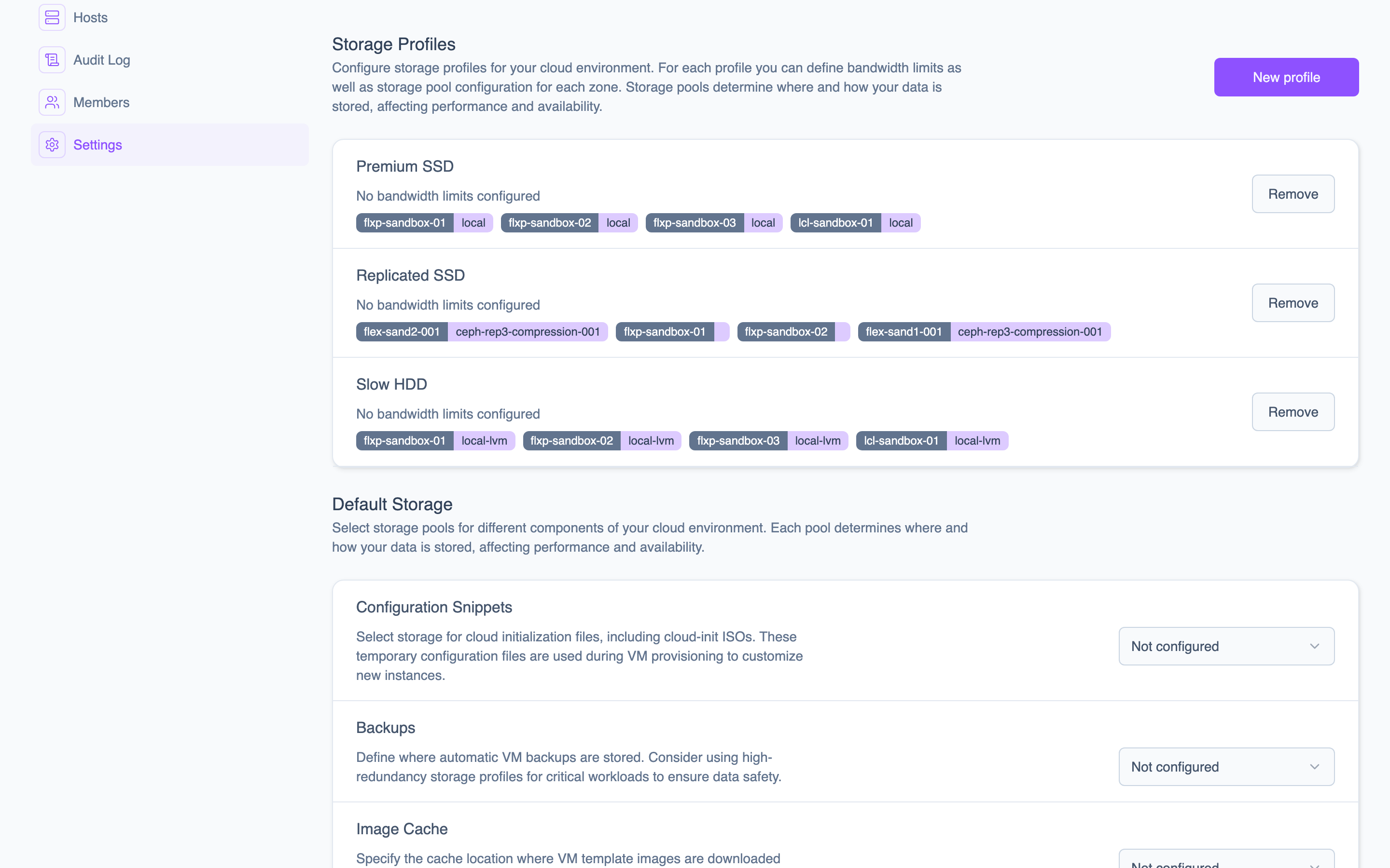 The storage profiles settings page