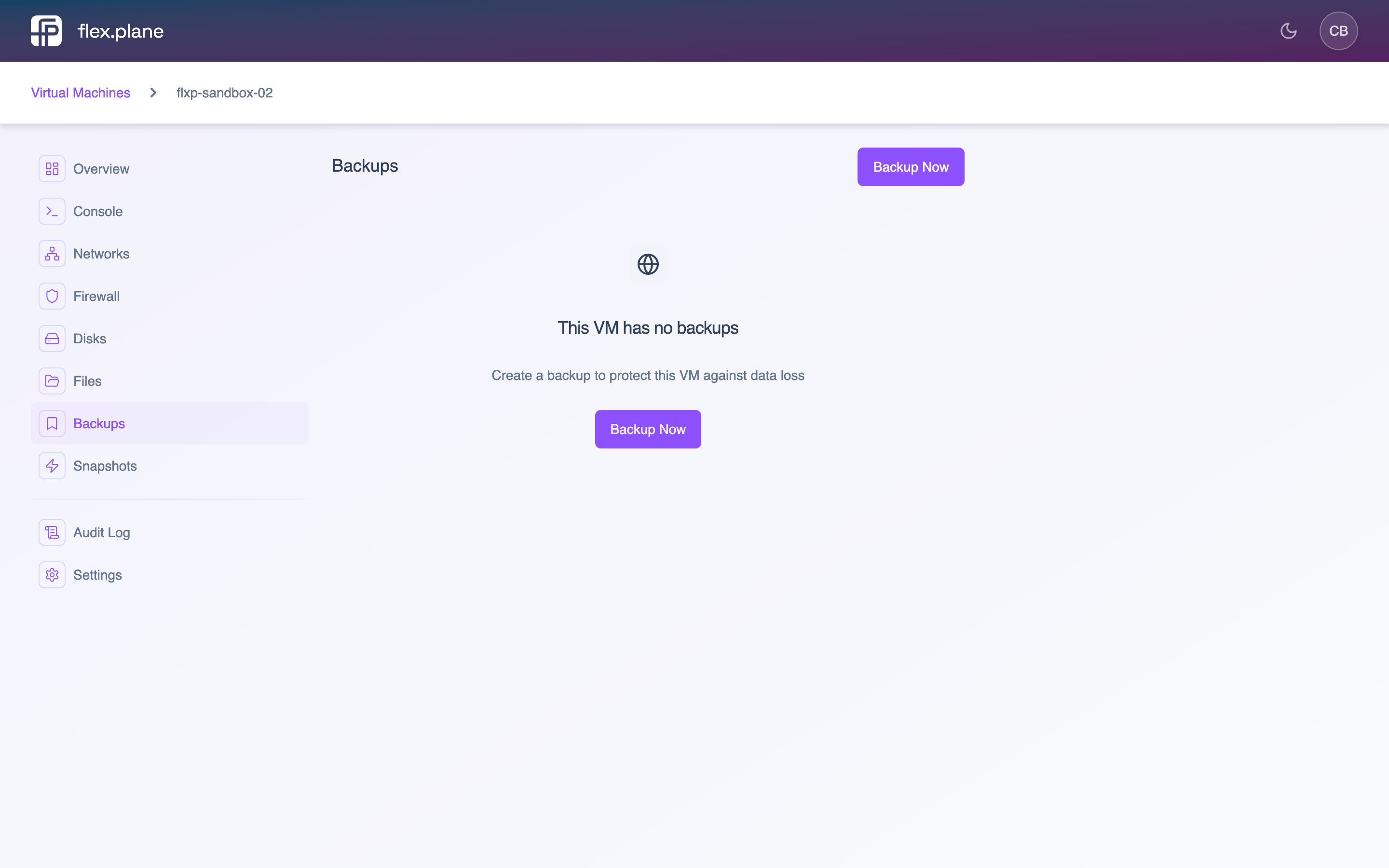The VM Backups tab showing existing backups with dates and sizes