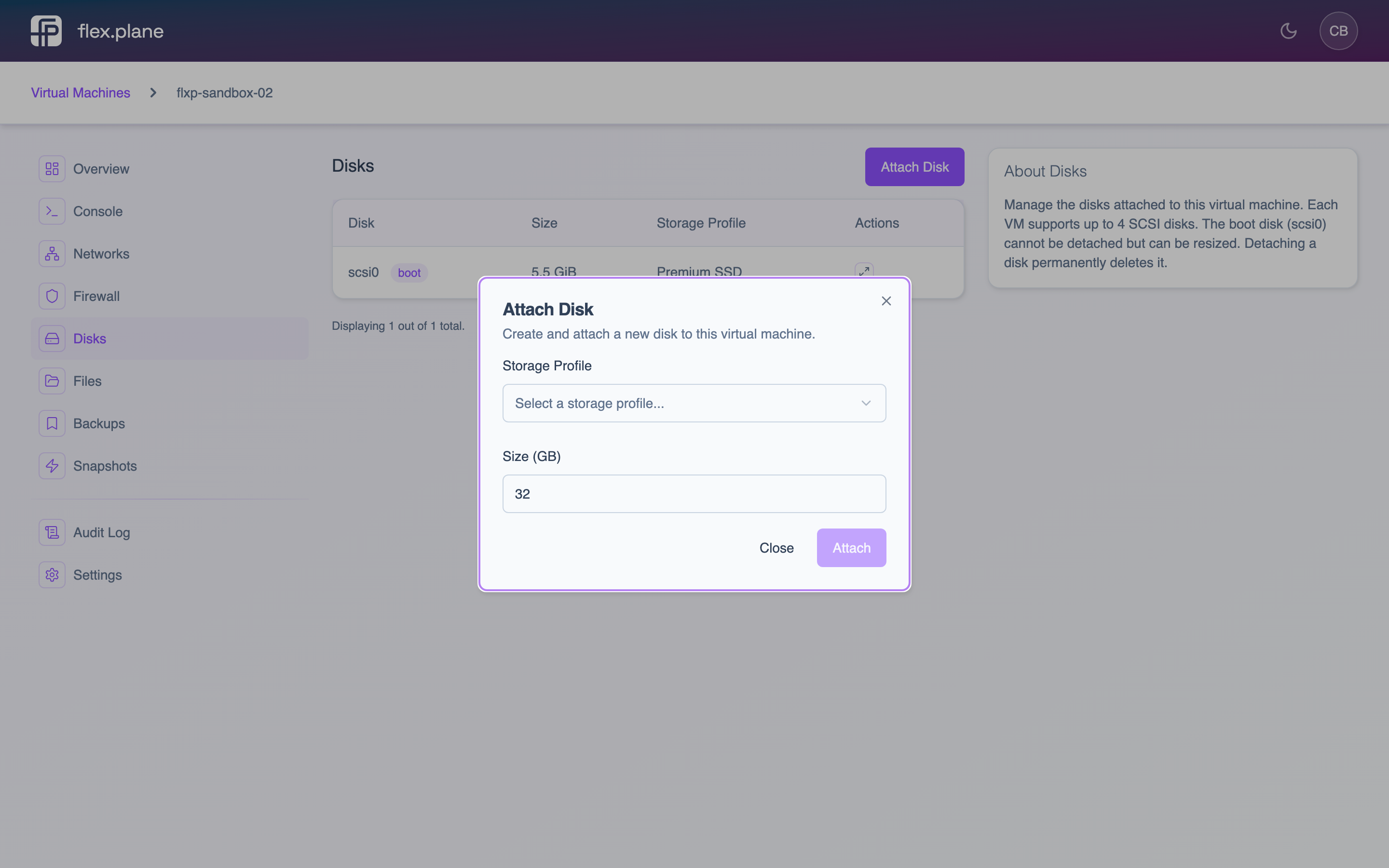 The disk attach form for adding a new data disk to a VM