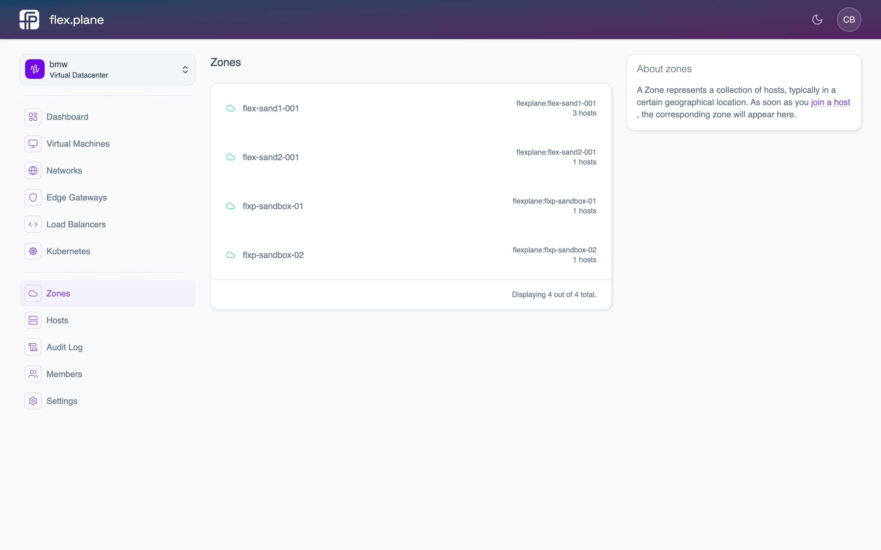 The zone detail page showing hosts and resource utilization