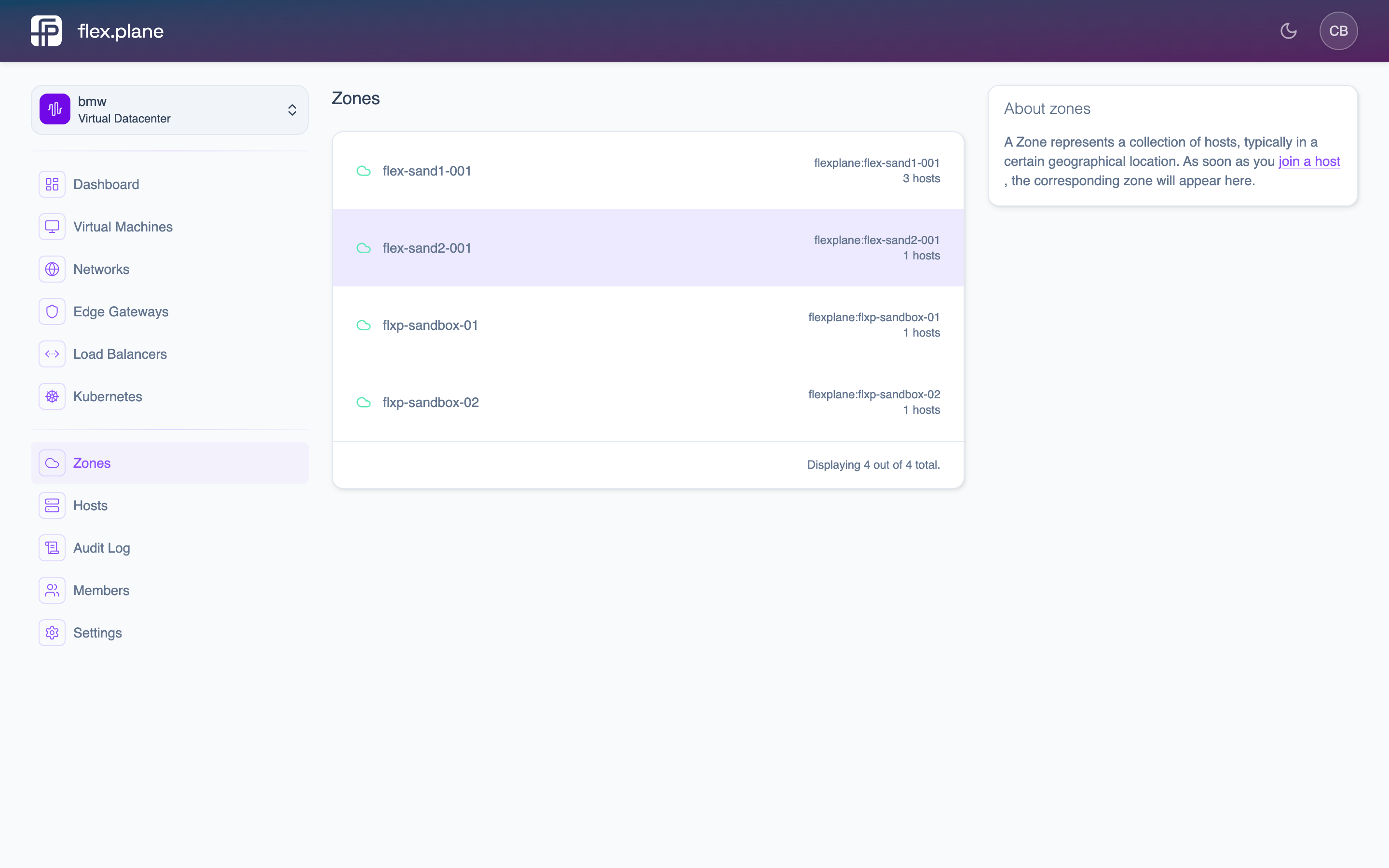 The zones page listing all registered Proxmox clusters